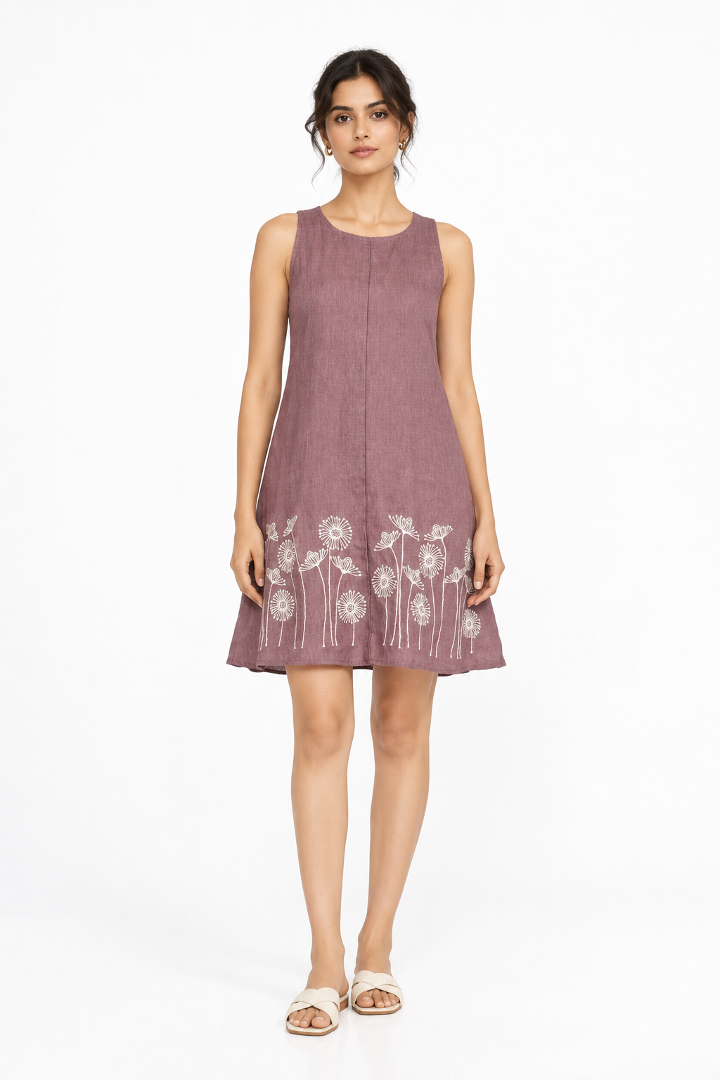 Lavanya A-Line Linen Dress for Women in mauve with floral embroidery – front view