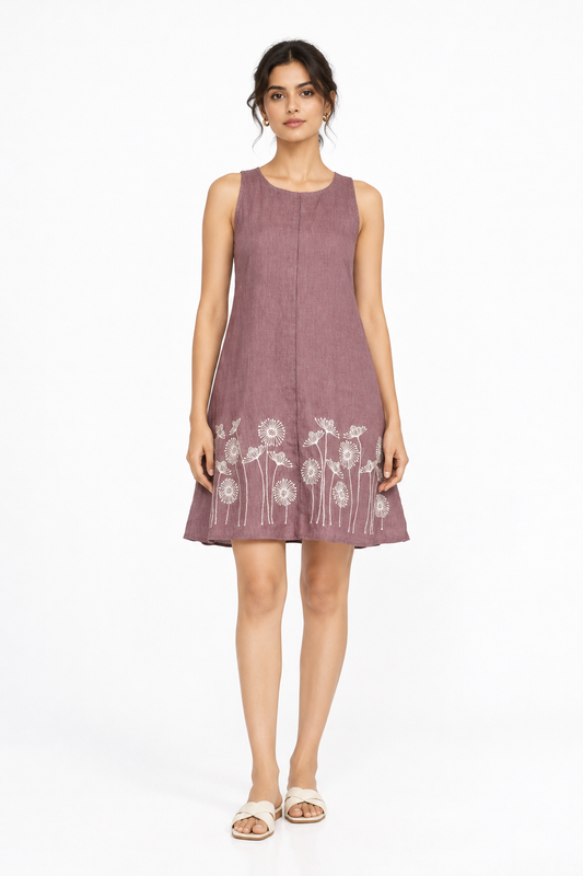 Lavanya A-Line Linen Dress for Women in mauve with floral embroidery – front view