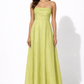 Lime Aura Linen Dress for women featuring a strapless pleated bodice and flowy maxi silhouette
