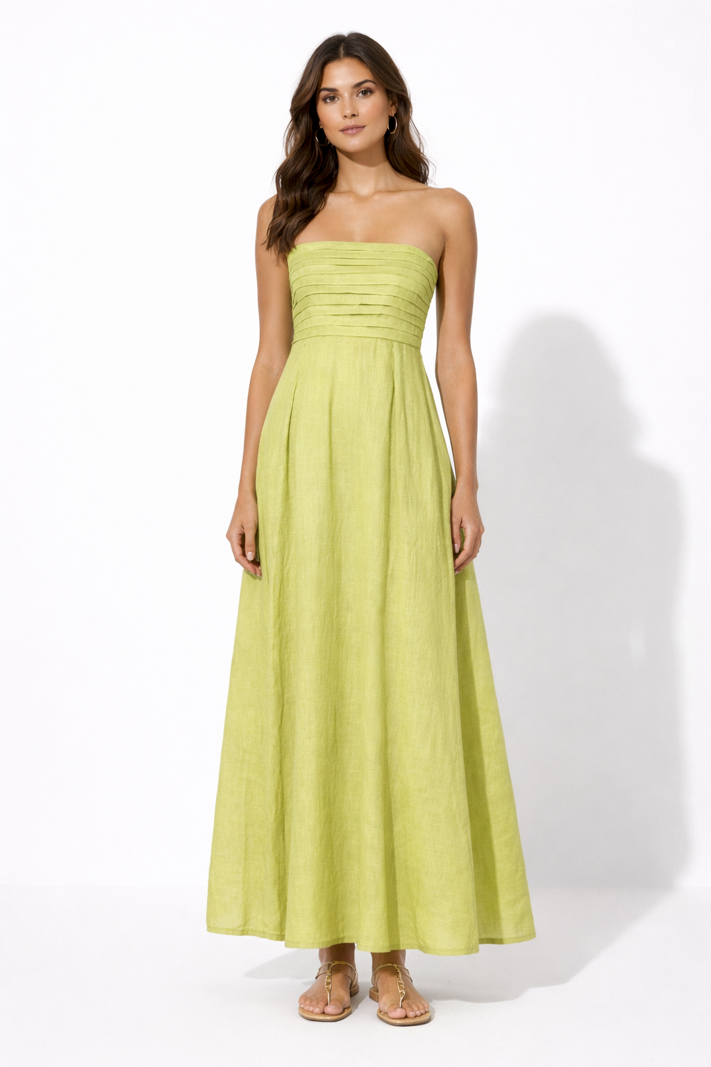Lime Aura Linen Dress for women featuring a strapless pleated bodice and flowy maxi silhouette
