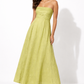 Lime Aura Linen Dress for women featuring a strapless pleated bodice and flowy maxi silhouette