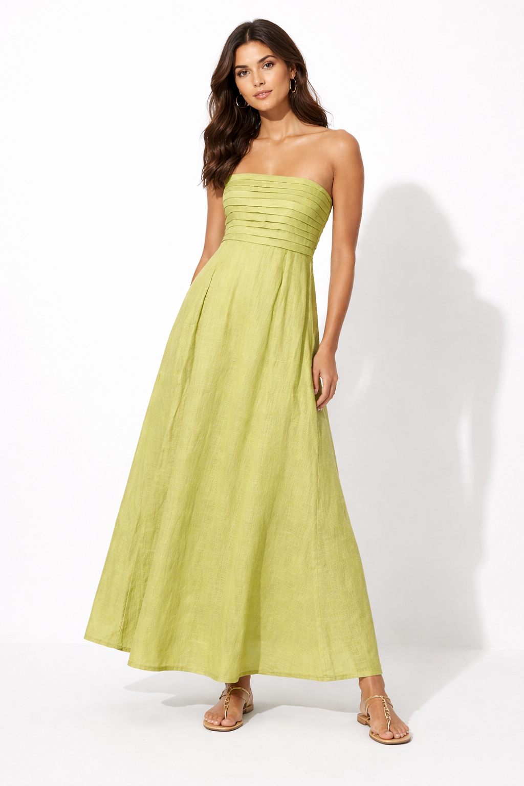 Lime Aura Linen Dress for women featuring a strapless pleated bodice and flowy maxi silhouette