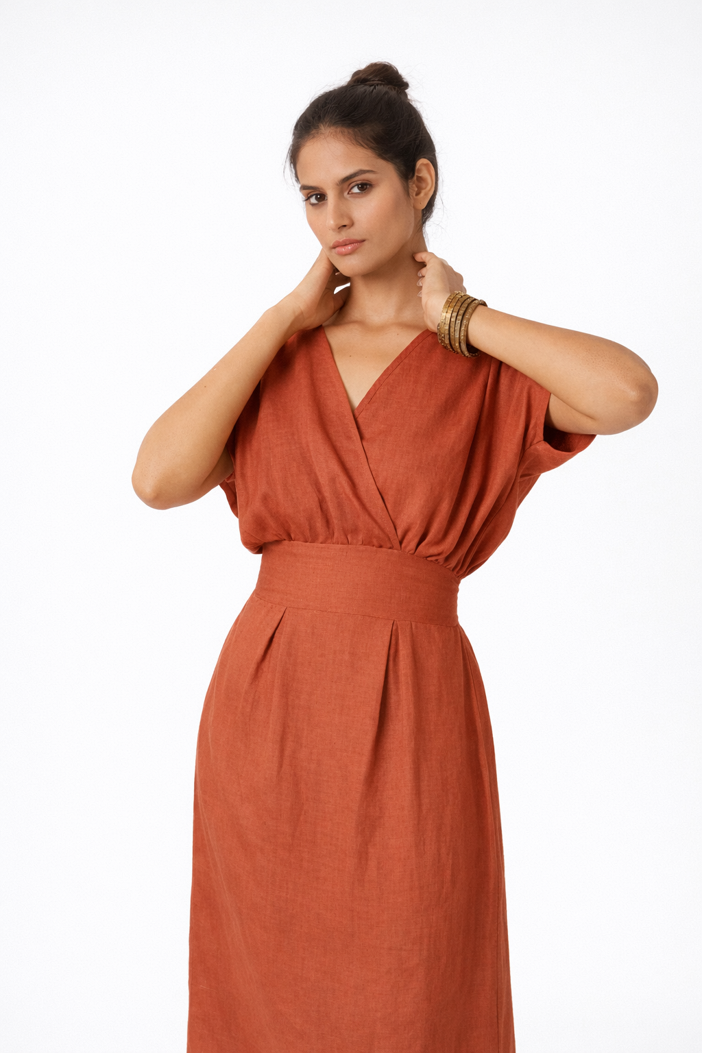 Terracotta Linen Dress V-Neck Detail – Women’s Linen Outfit