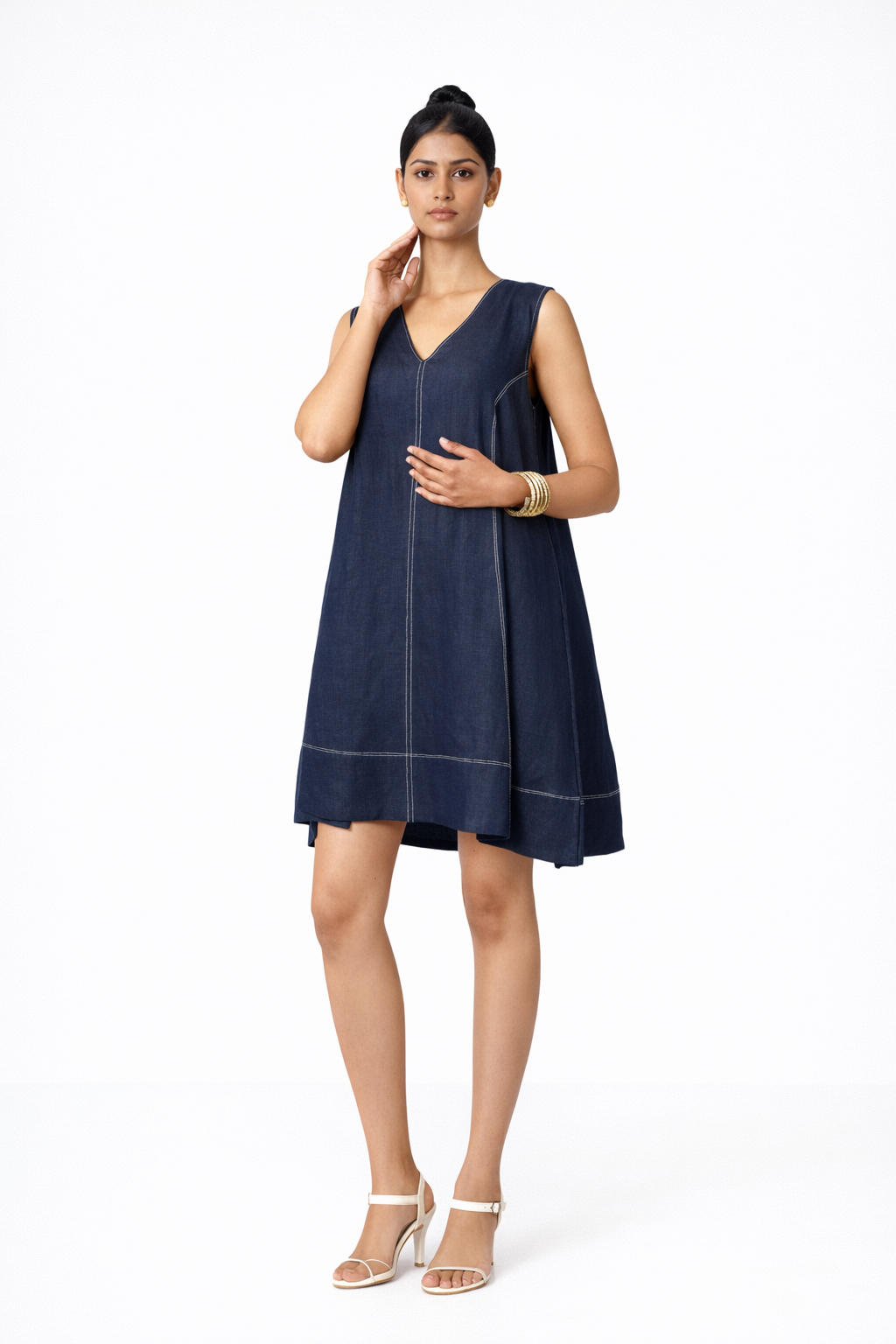inen Outfit for Women – Denim Blue Linen V-Neck Dress Styled Look