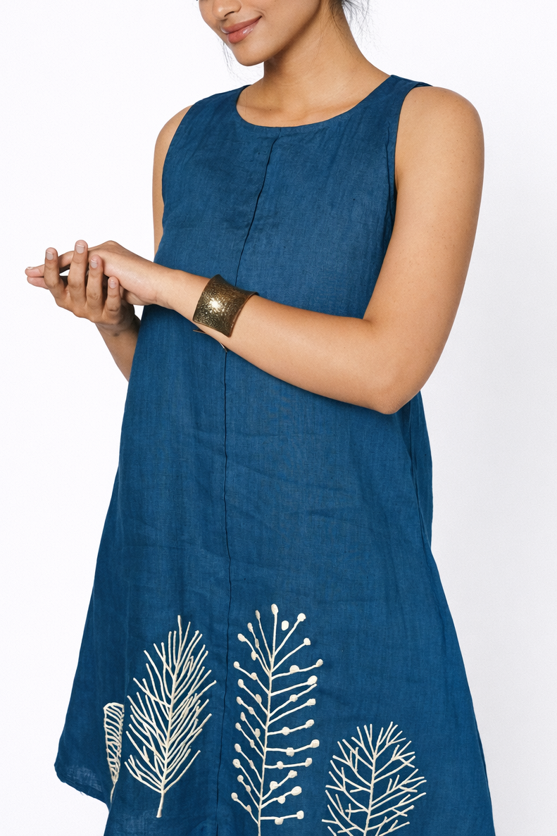 Linen Dress Leaf Embroidery Detail – Neelhar Women’s Linen Dress