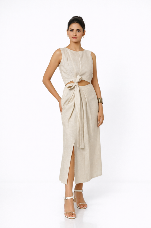 Linen Midi Skirt with Front Slit – Earthy Natural Linen Outfit Set