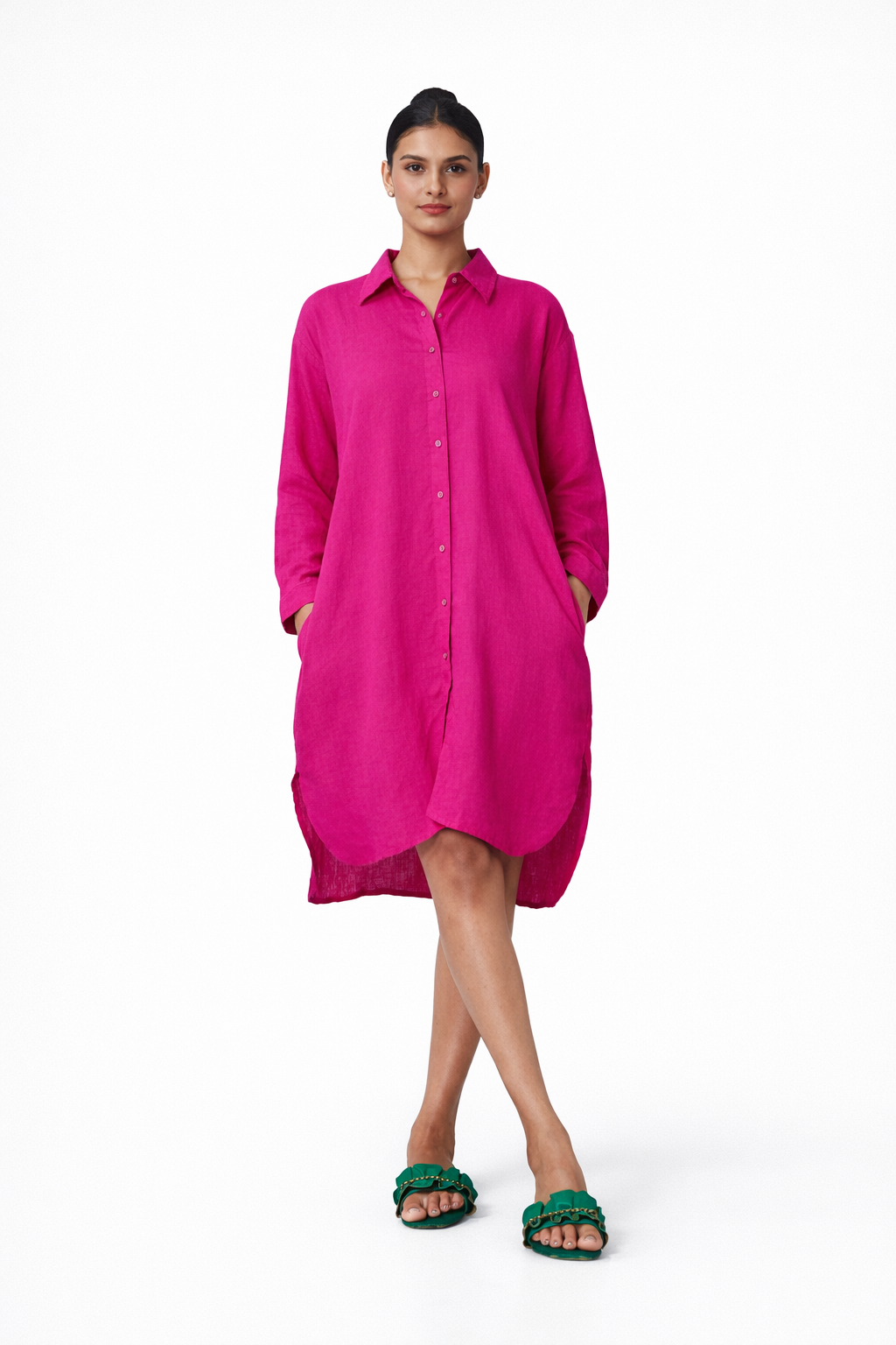 Pink Linen Shirt Dress – Women’s Casual Linen Outfit