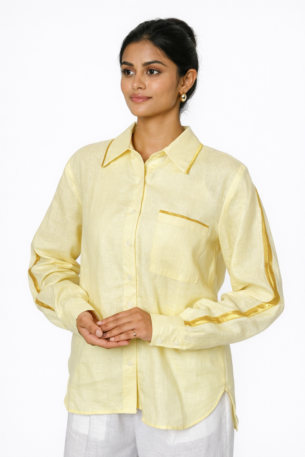 Linen Shirt for Women – Collar and Satin Detail Close-Up