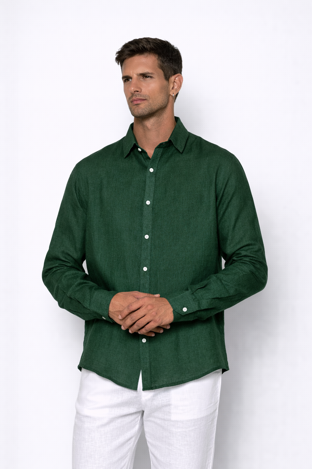 Close-up of linen fabric texture on alpine green men’s shirt by LININ