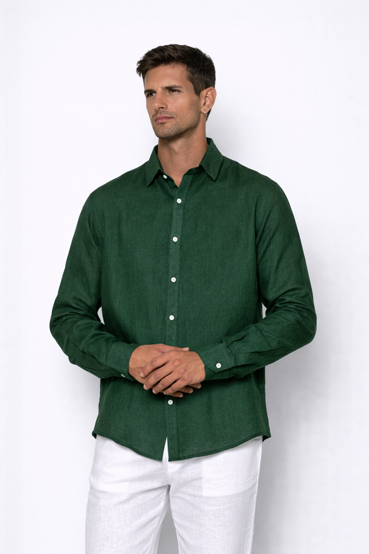 Close-up of linen fabric texture on alpine green men’s shirt by LININ