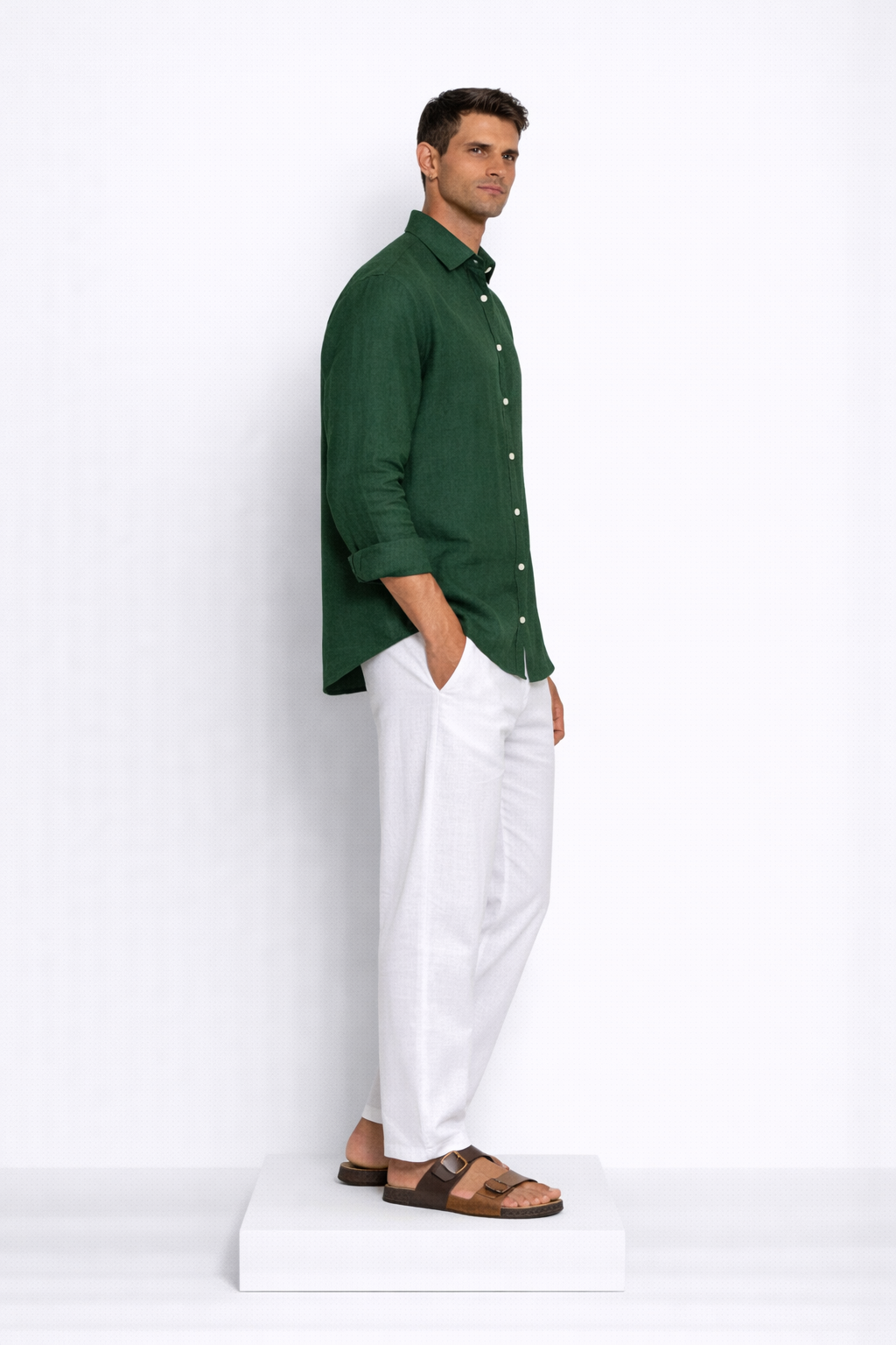 Side profile of alpine green linen shirt for men by LININ