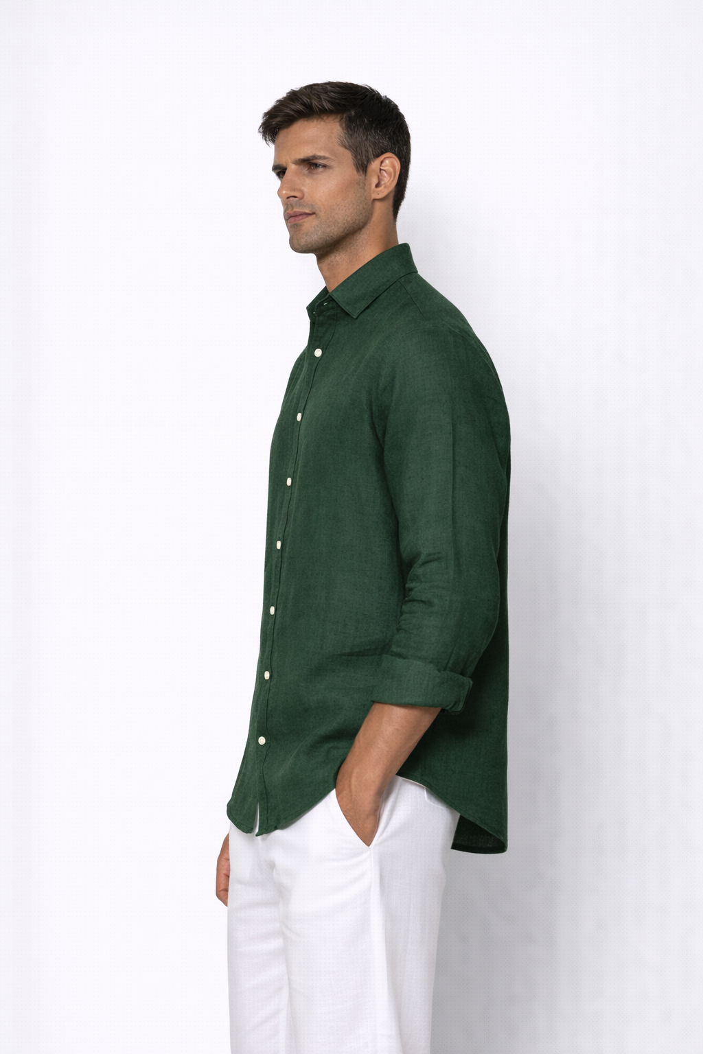 Alpine green linen shirt for men by LININ – side view