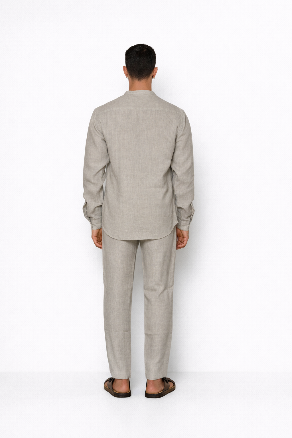 Back view of ash grey men’s linen Chinese collar shirt by LININ