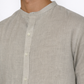 Close-up of ash grey linen fabric texture on men’s Chinese collar shirt by LININ