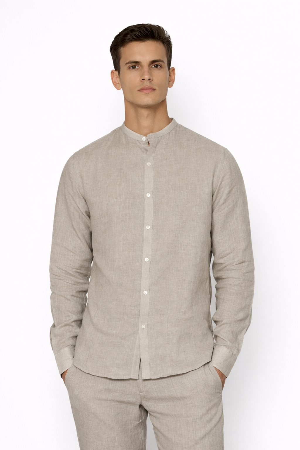 Ash grey linen Chinese collar shirt for men by LININ – front view