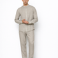 Model wearing ash grey linen Chinese collar shirt for men from LININ