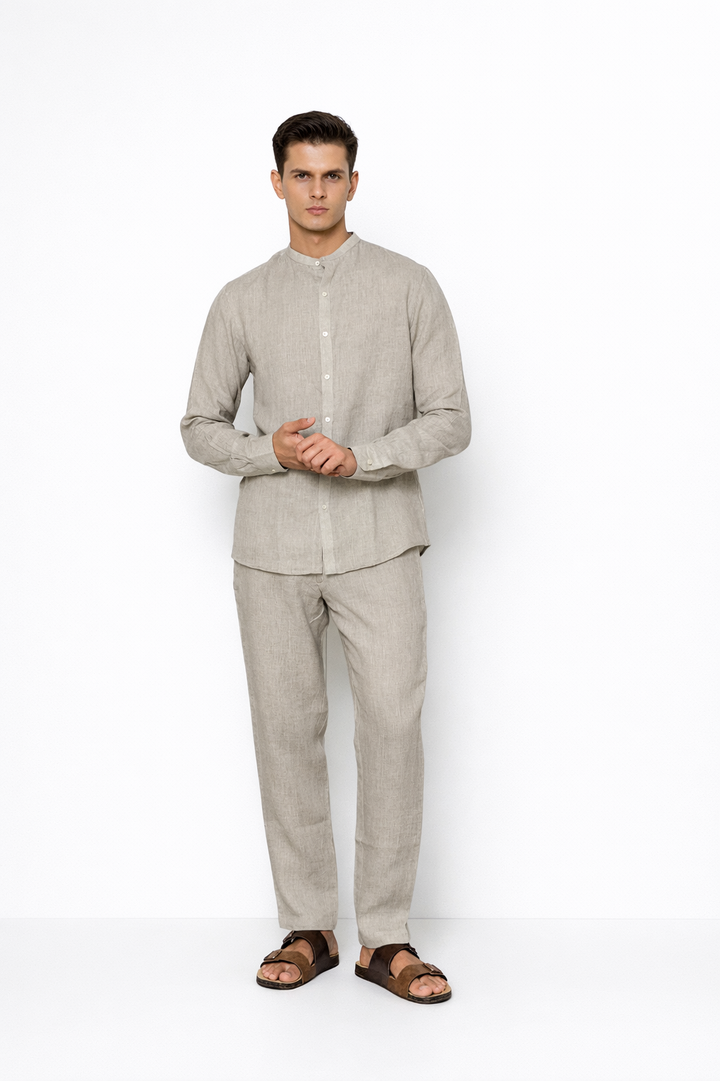 Model wearing ash grey linen Chinese collar shirt for men from LININ