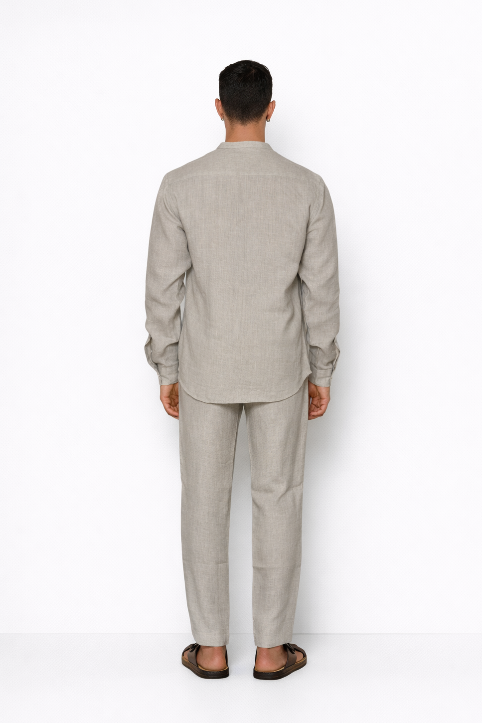 Back view of ash grey linen co-ord set for men by LININ