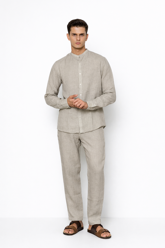 Ash grey linen co-ord set for men by LININ – front view