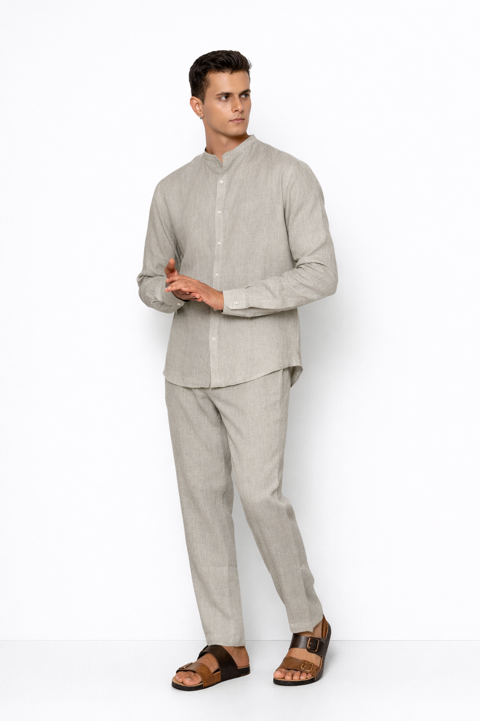 Model wearing ash grey linen co-ord set for men from LININ