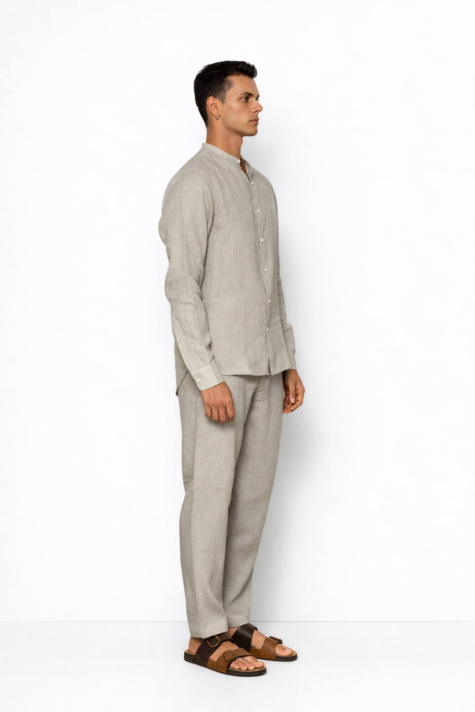 Side profile of ash grey linen co-ord set for men by LININ