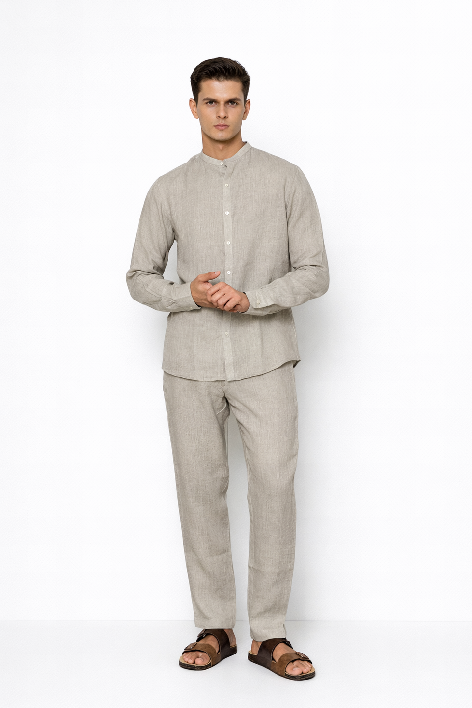 Ash grey linen pants for men by LININ – front view