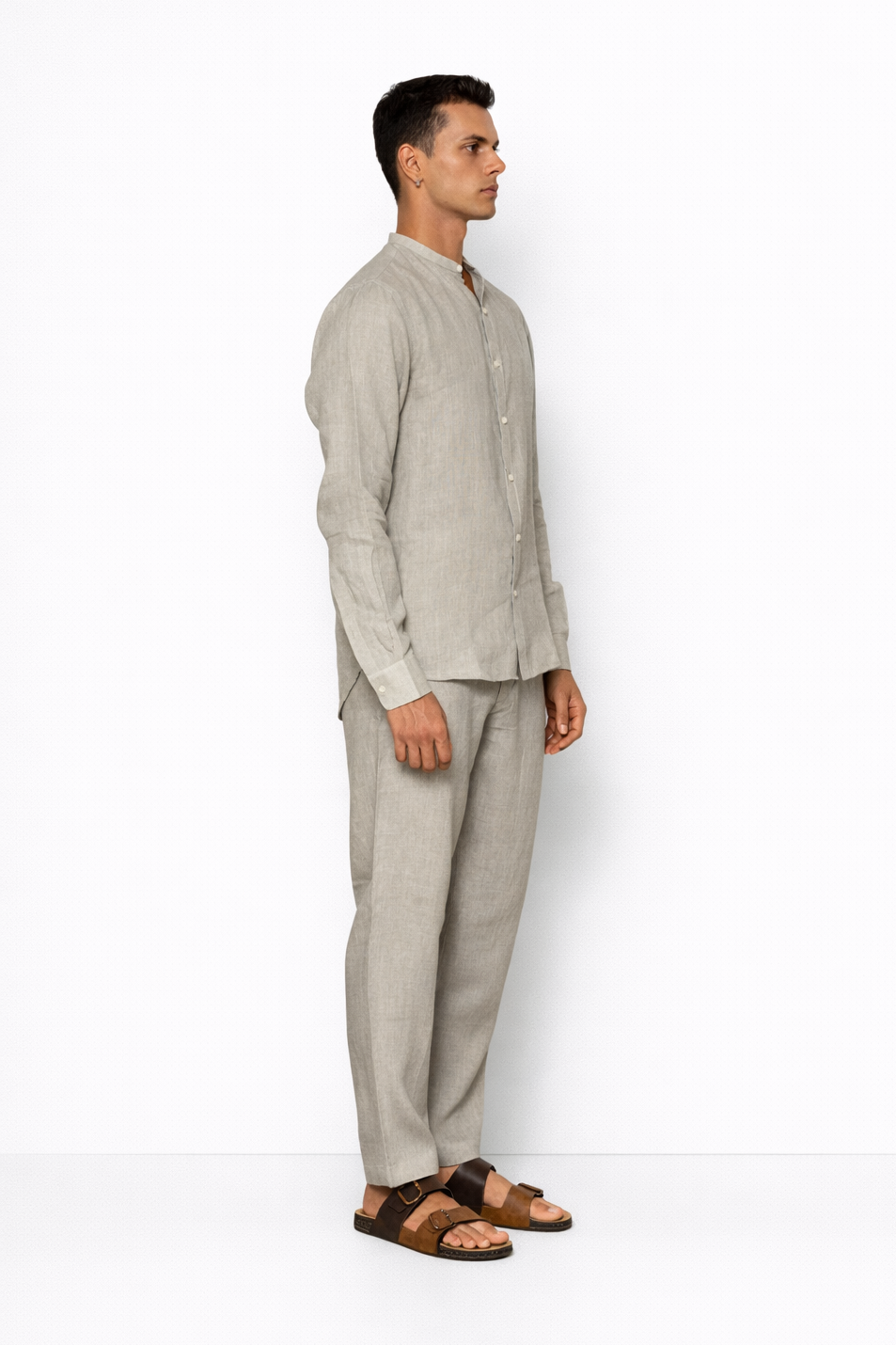 Side profile of ash grey linen pants for men by LININ