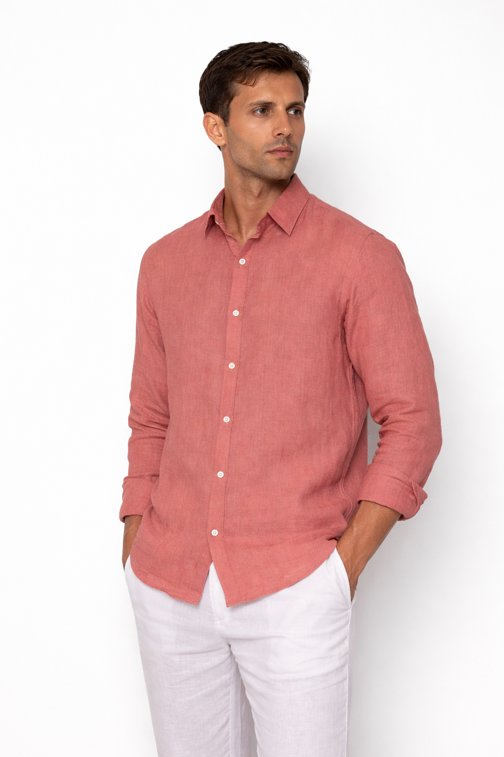 Burnt rose linen shirt for men by LININ – front view sideview