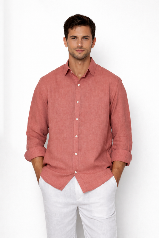 Burnt rose linen shirt for men by LININ – front view close up