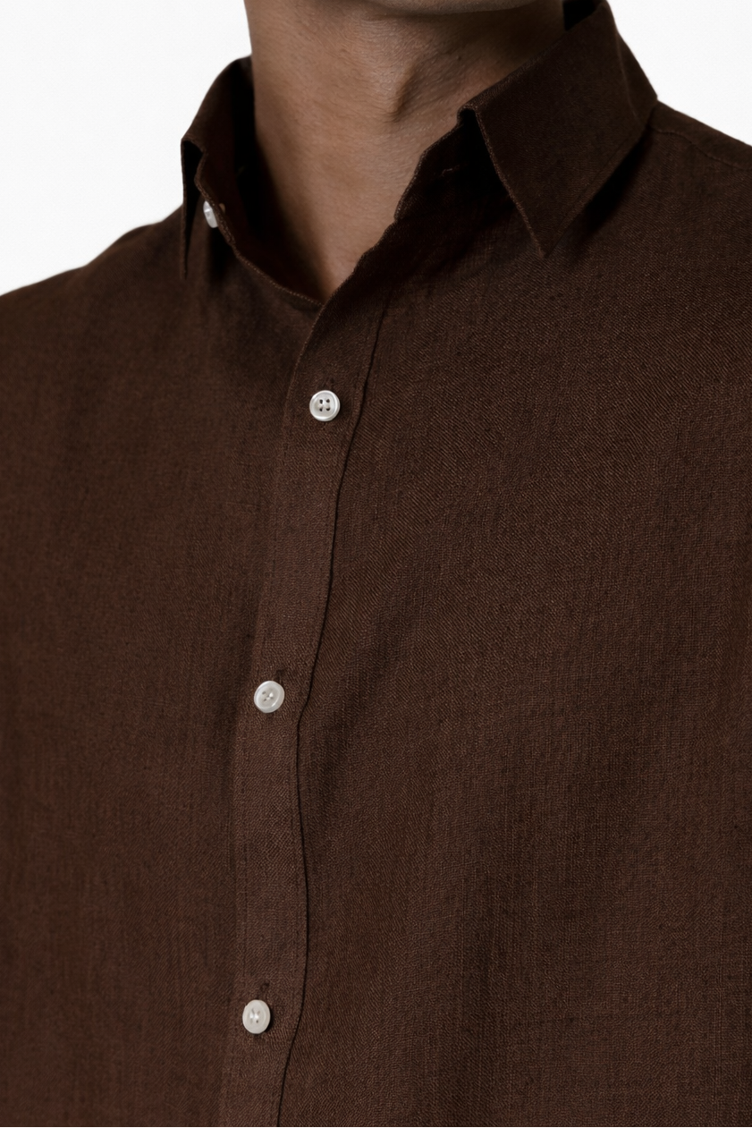 Close-up of chocolate brown linen fabric texture on co-ord set by LININ