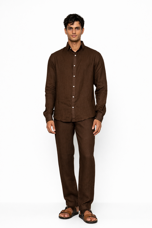 Chocolate brown linen co-ord set for men by LININ – front view
