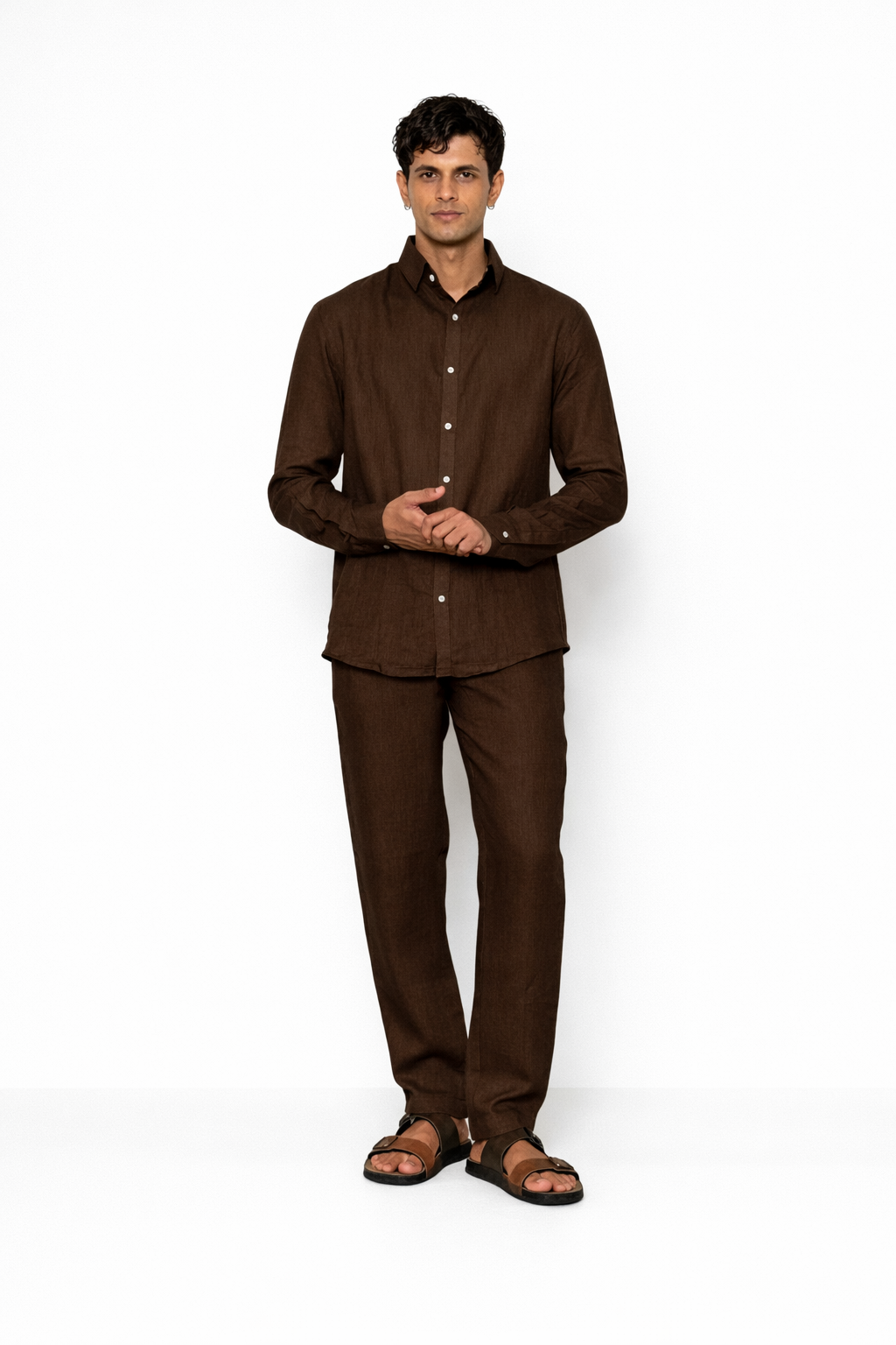 Model wearing chocolate brown linen co-ord set from LININ