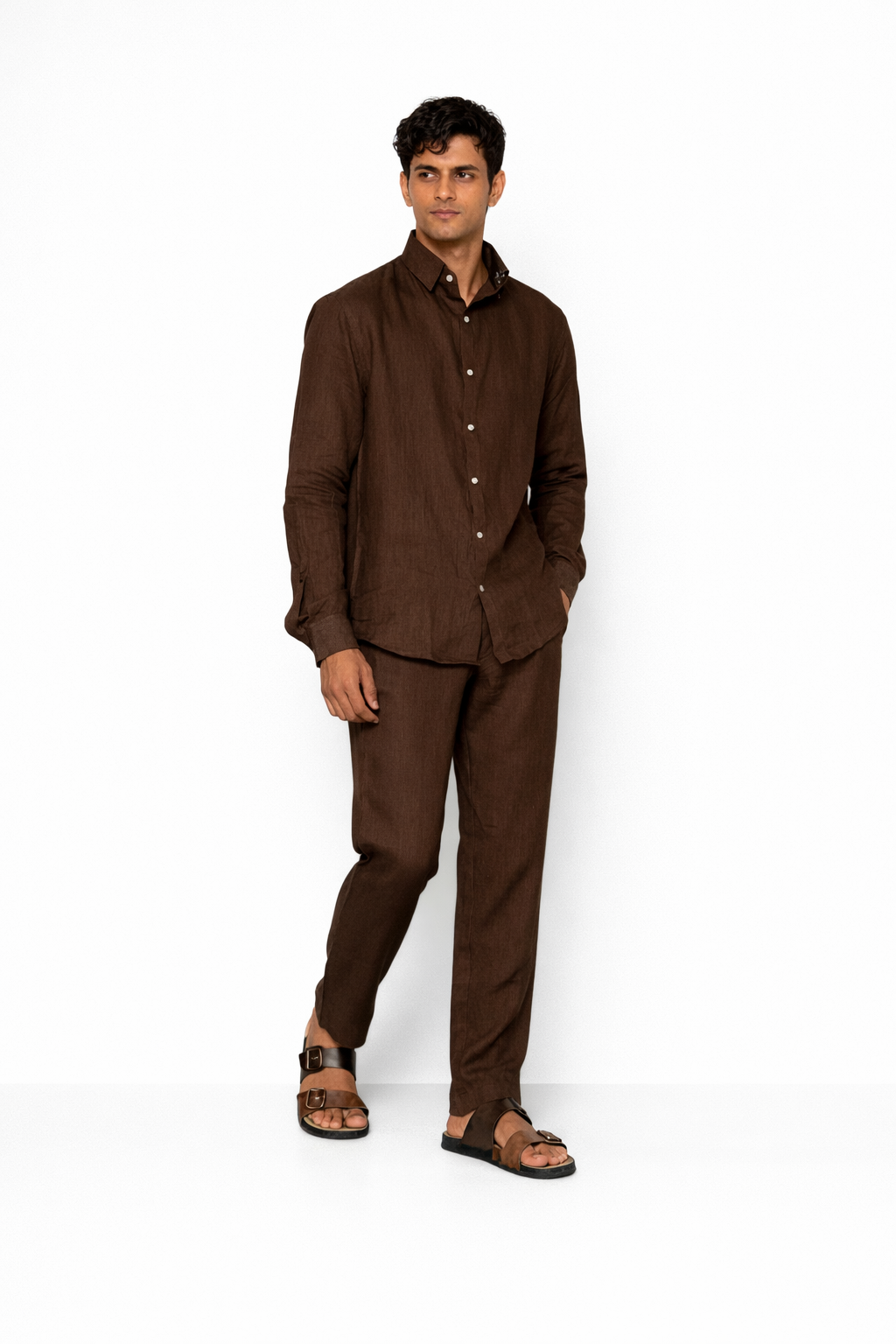 Side profile of chocolate brown linen co-ord set for men by LININ