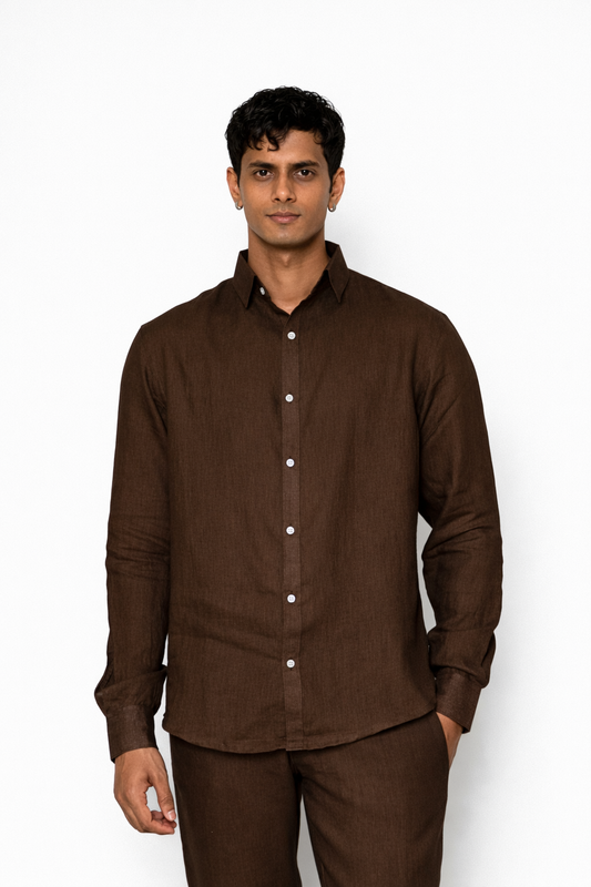 Chocolate brown linen shirt for men by LININ – front view