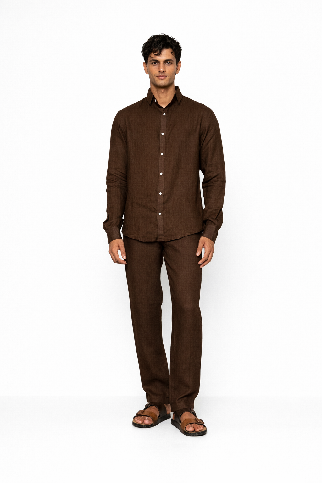 Chocolate brown linen pants for men by LININ – front view