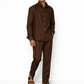 Side profile of chocolate brown linen shirt for men by LININ