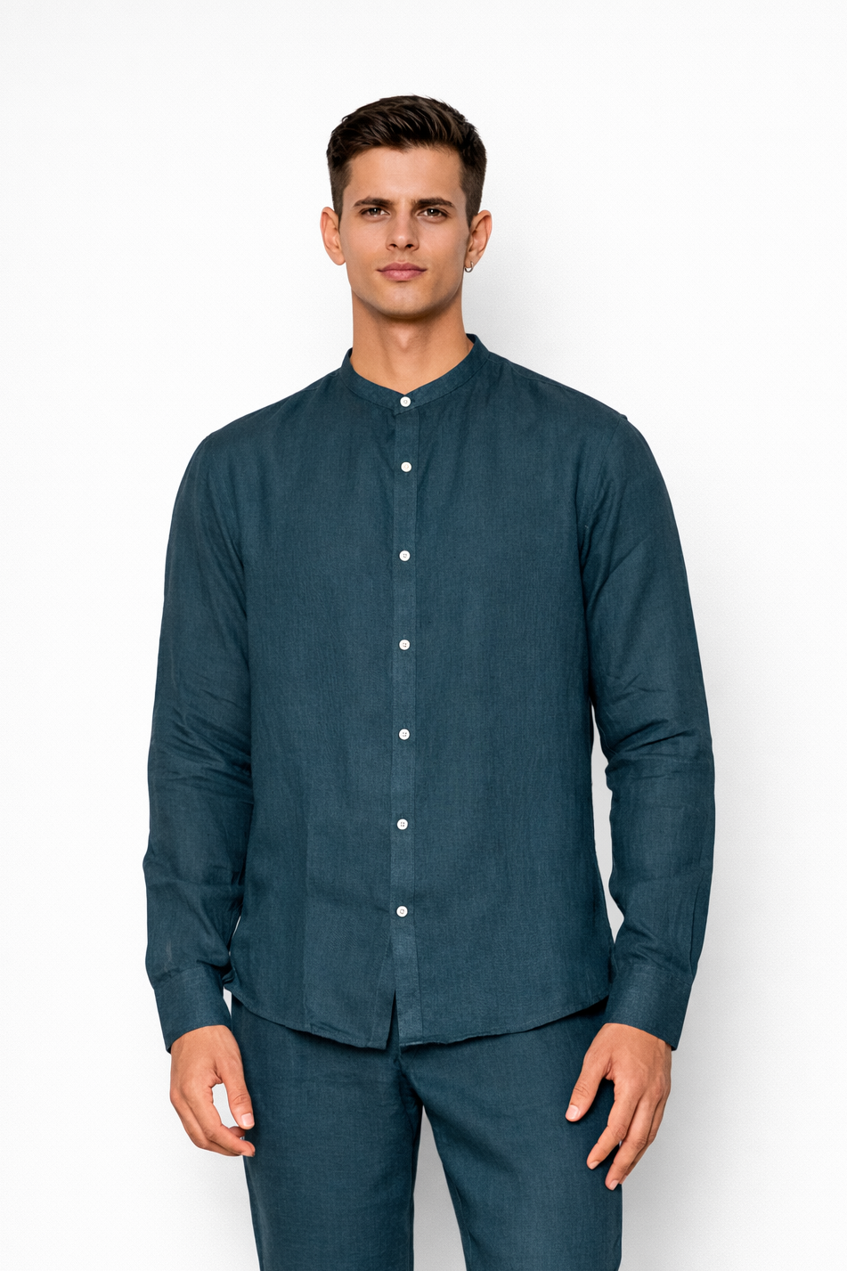 Indigo linen Chinese collar shirt for men by LININ – front view