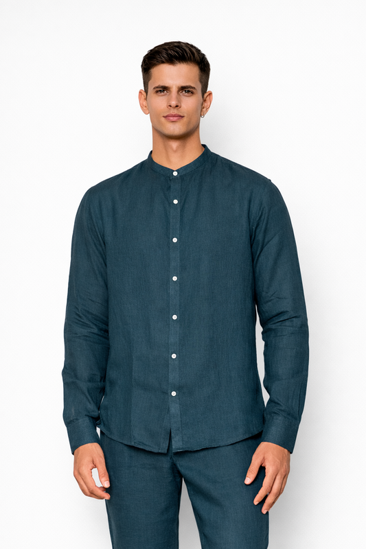 Indigo linen Chinese collar shirt for men by LININ – front view