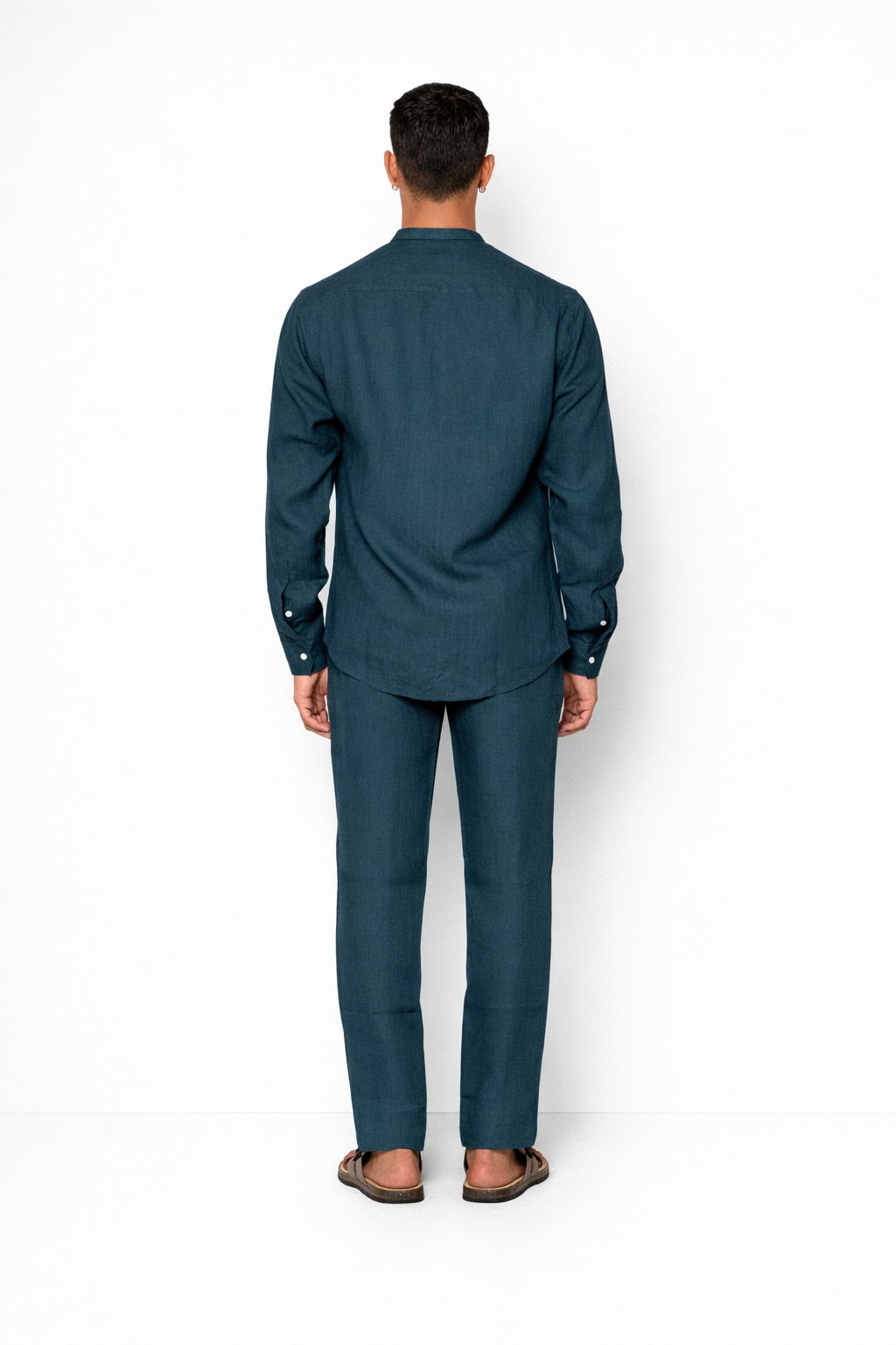 Back view of indigo men’s linen co-ord set by LININ