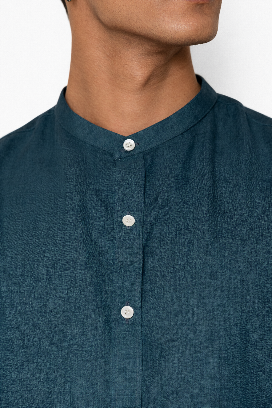 Close-up of indigo linen fabric texture on co-ord set by LININ