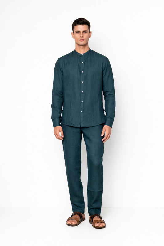 Indigo linen co-ord set for men by LININ – front view