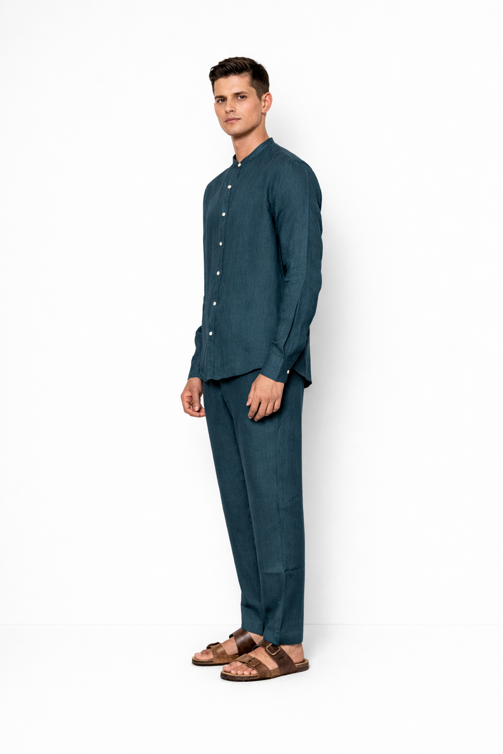 Side profile of indigo linen pants for men by LININ