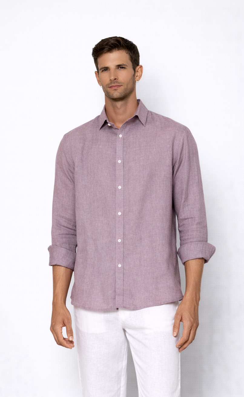 Close-up of linen fabric texture on lilac men’s shirt by LININ