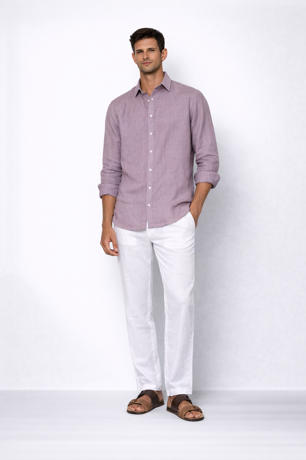 Lilac linen shirt for men by LININ – front view