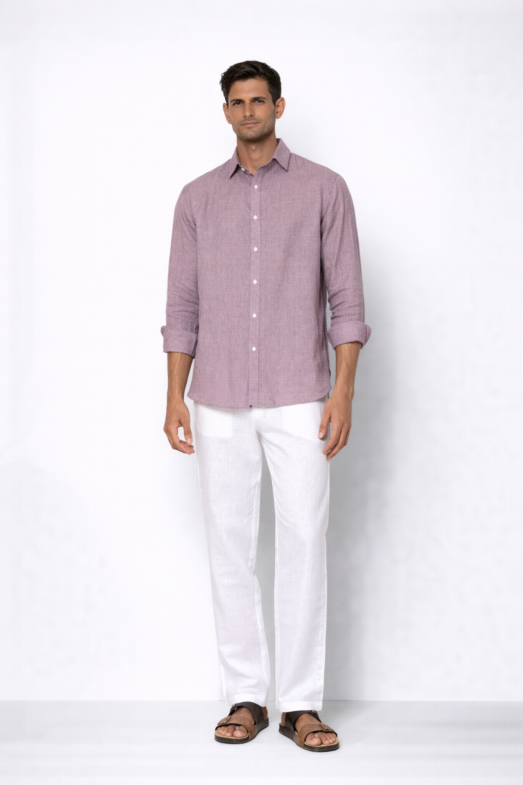 Model wearing lilac linen shirt for men from LININ