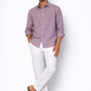 Side profile of lilac linen shirt for men by LININ