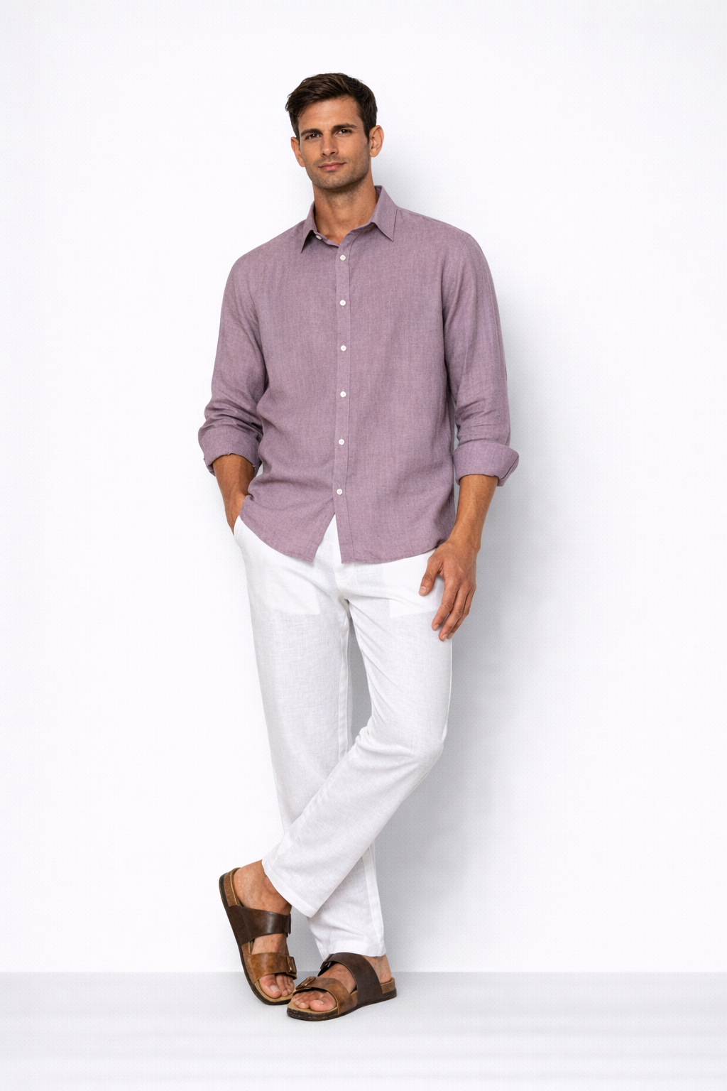 Side profile of lilac linen shirt for men by LININ