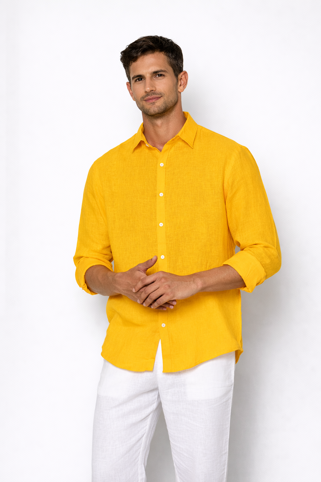 Mango yellow linen shirt for men by LININ – closeup