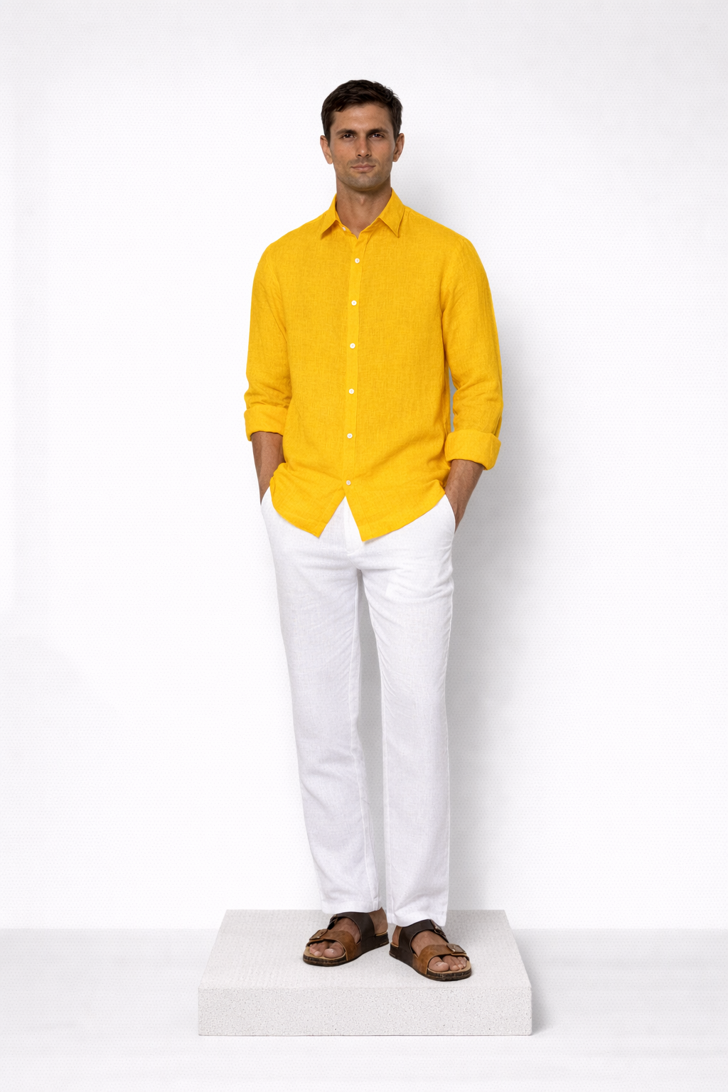 Front profile of mango yellow linen shirt for men by LININ