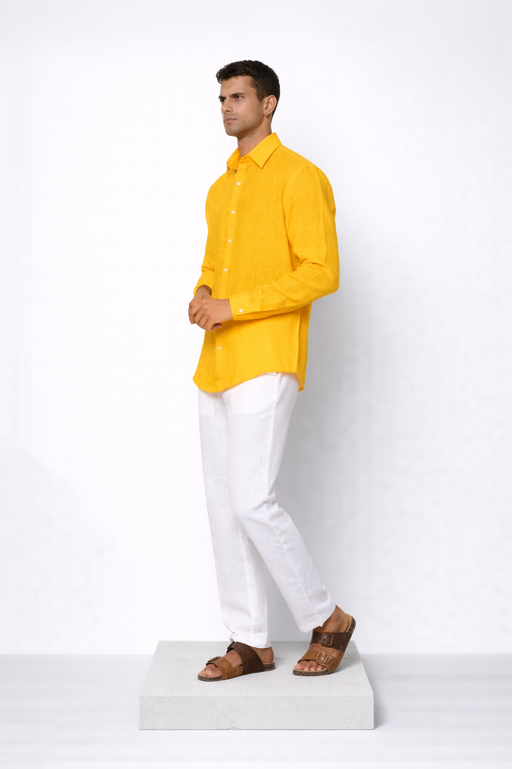 Side profile of mango yellow linen shirt for men by LININ